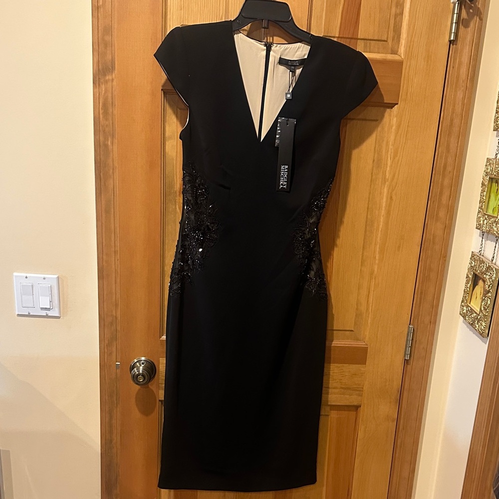 Badgley Mischka Black Midi Dress Beaded Lace Side Panels Sheath size 10 NWT - Picture 3 of 9